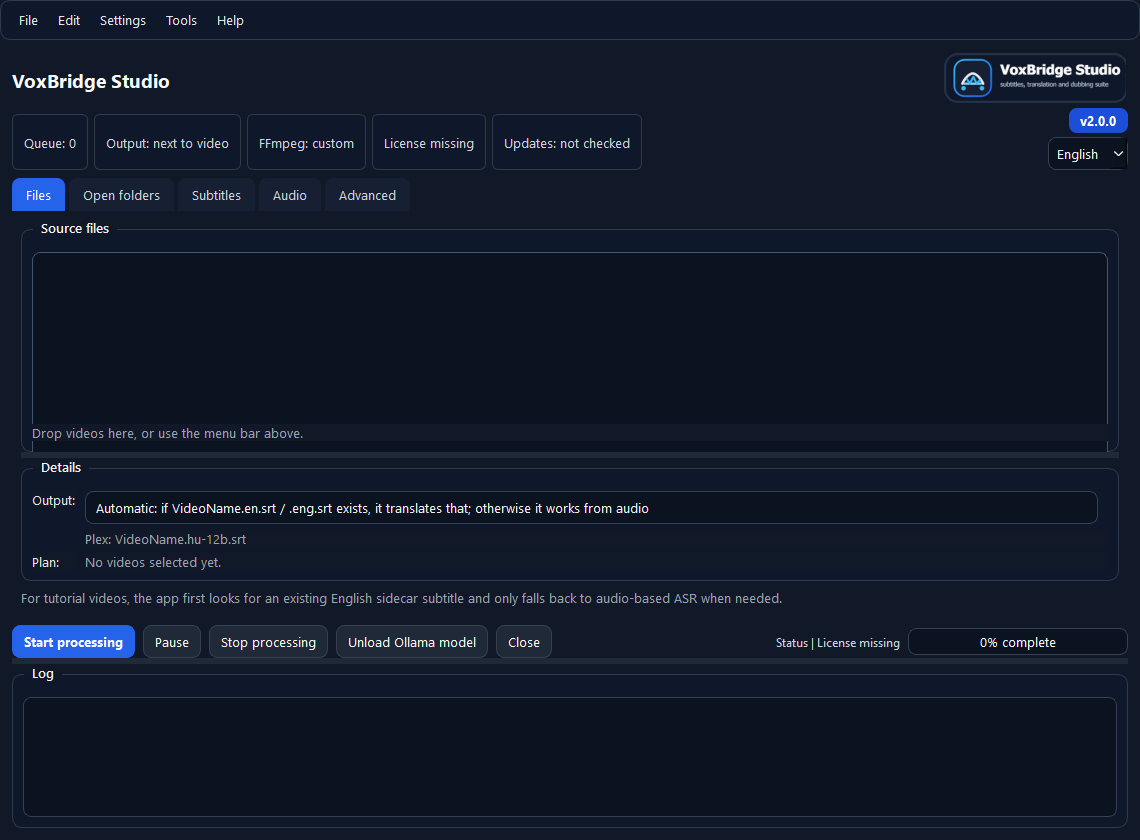 VoxBridge Studio main files and processing queue