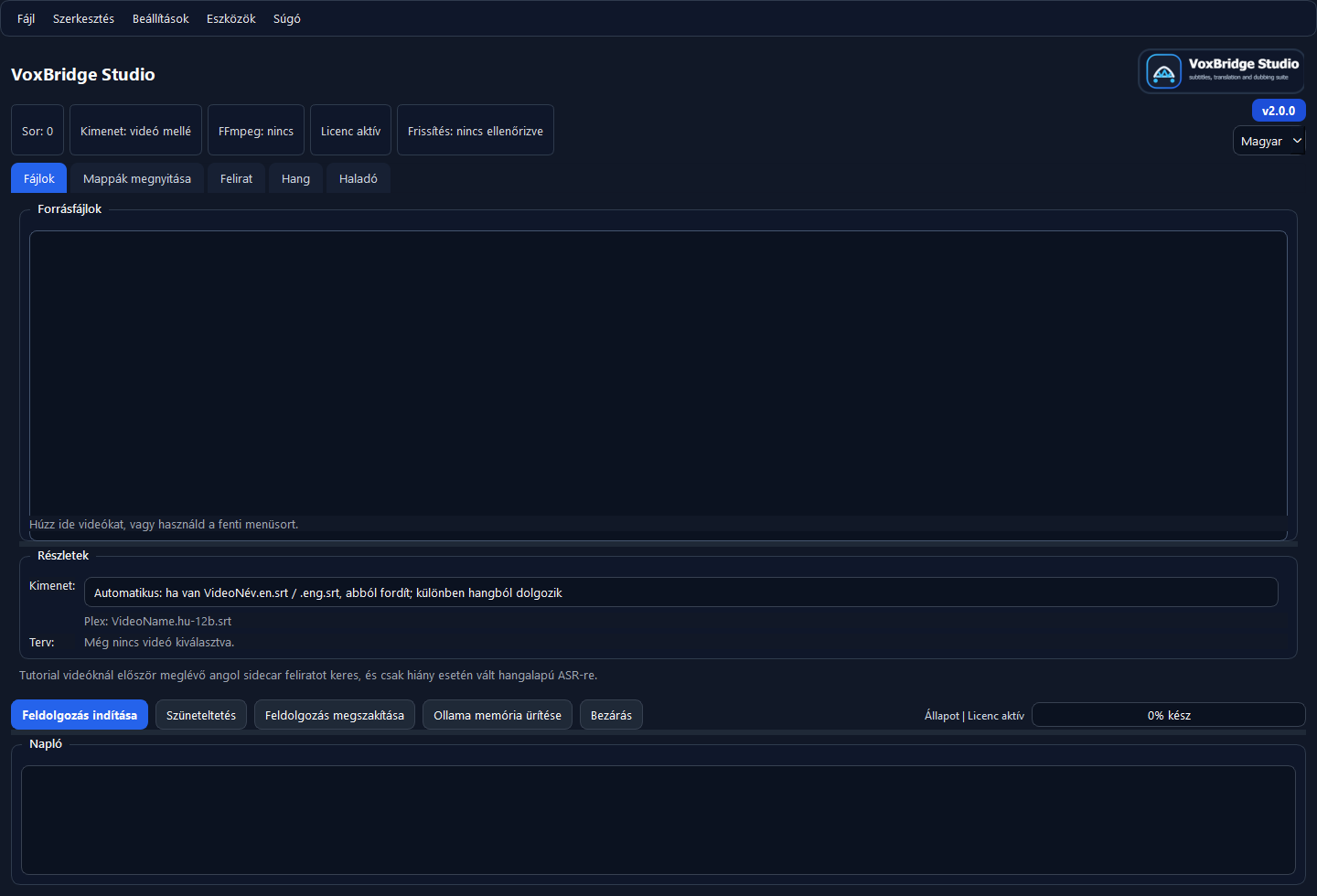 VoxBridge Studio fő fájllista és feldolgozási sor