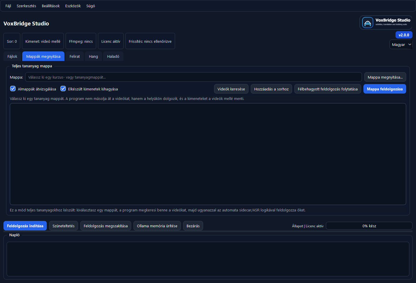 VoxBridge Studio mappák megnyitása fül