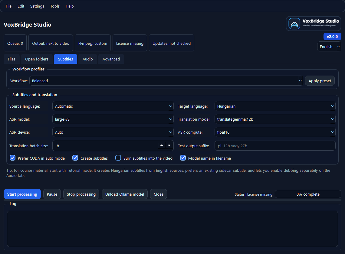 VoxBridge Studio subtitle and translation settings screenshot
