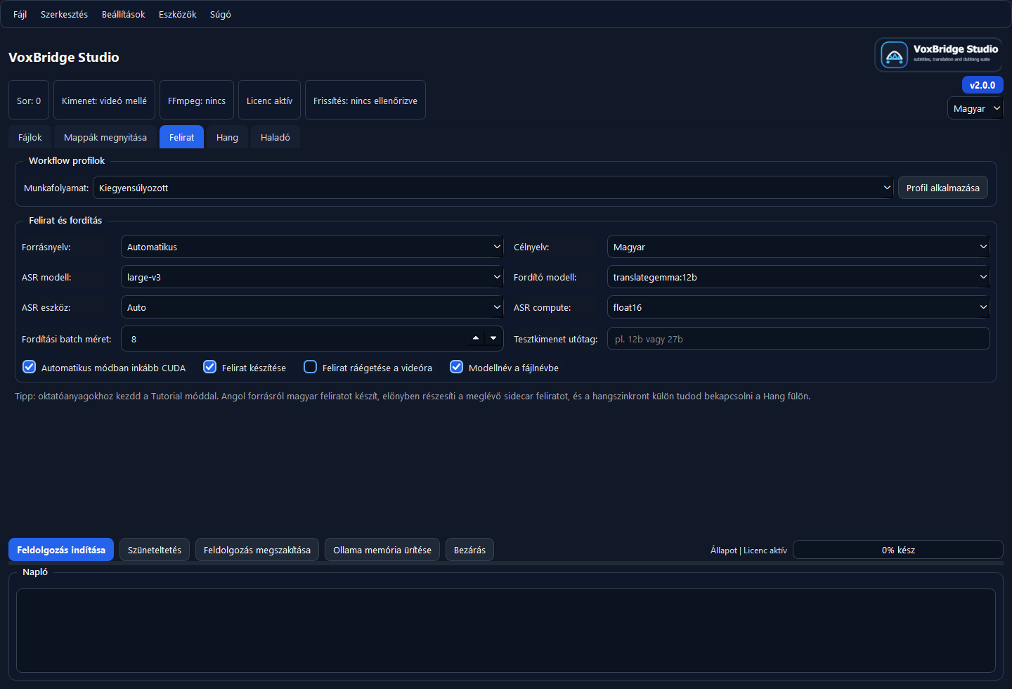 VoxBridge Studio felirat és fordítás beállítások képernyőképe