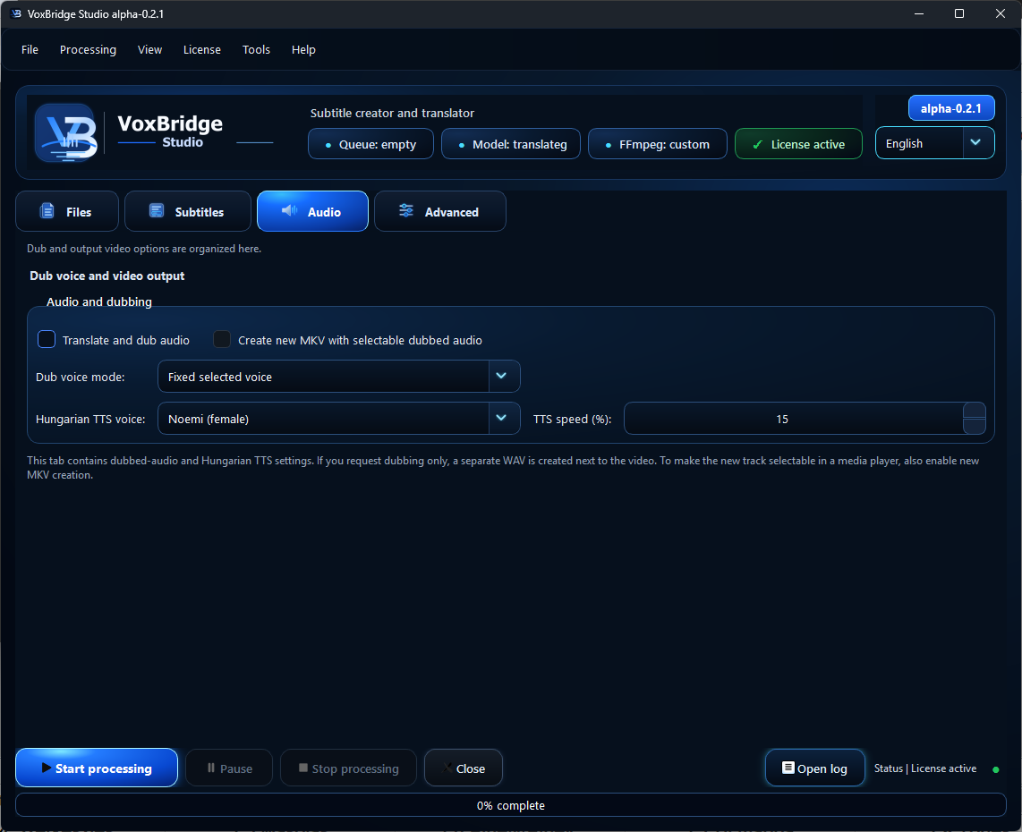 VoxBridge Studio audio settings tab