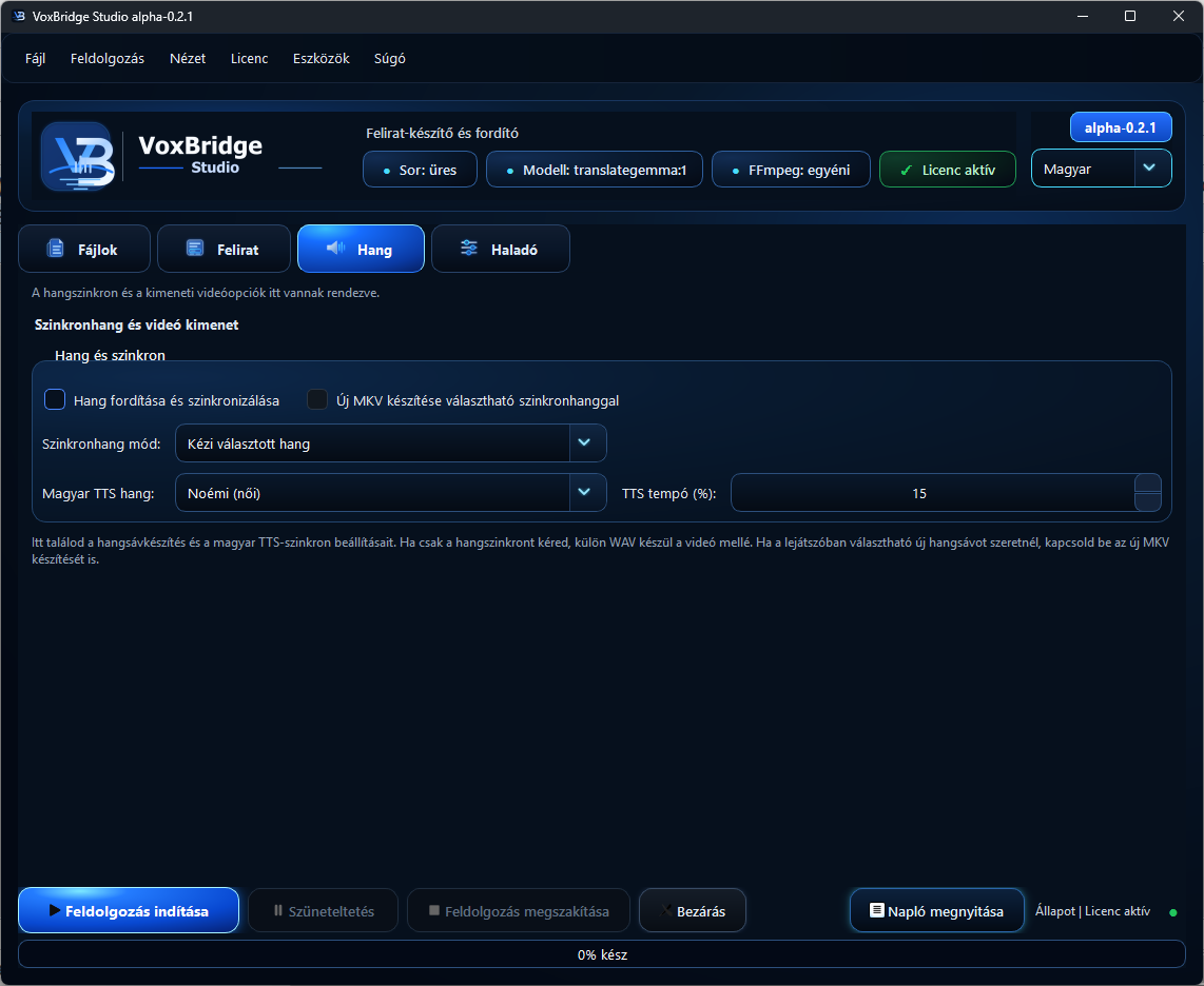 VoxBridge Studio hangbeállítások fül
