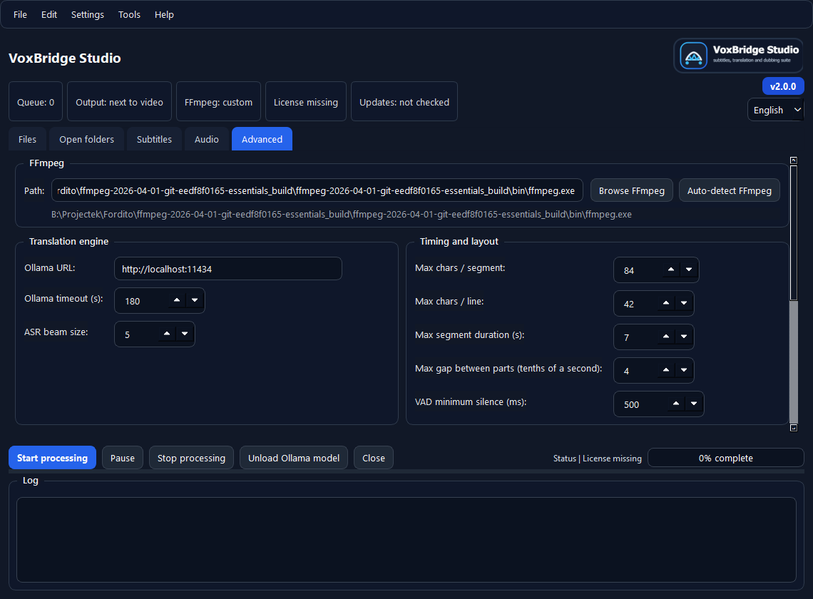VoxBridge Studio advanced settings and diagnostics