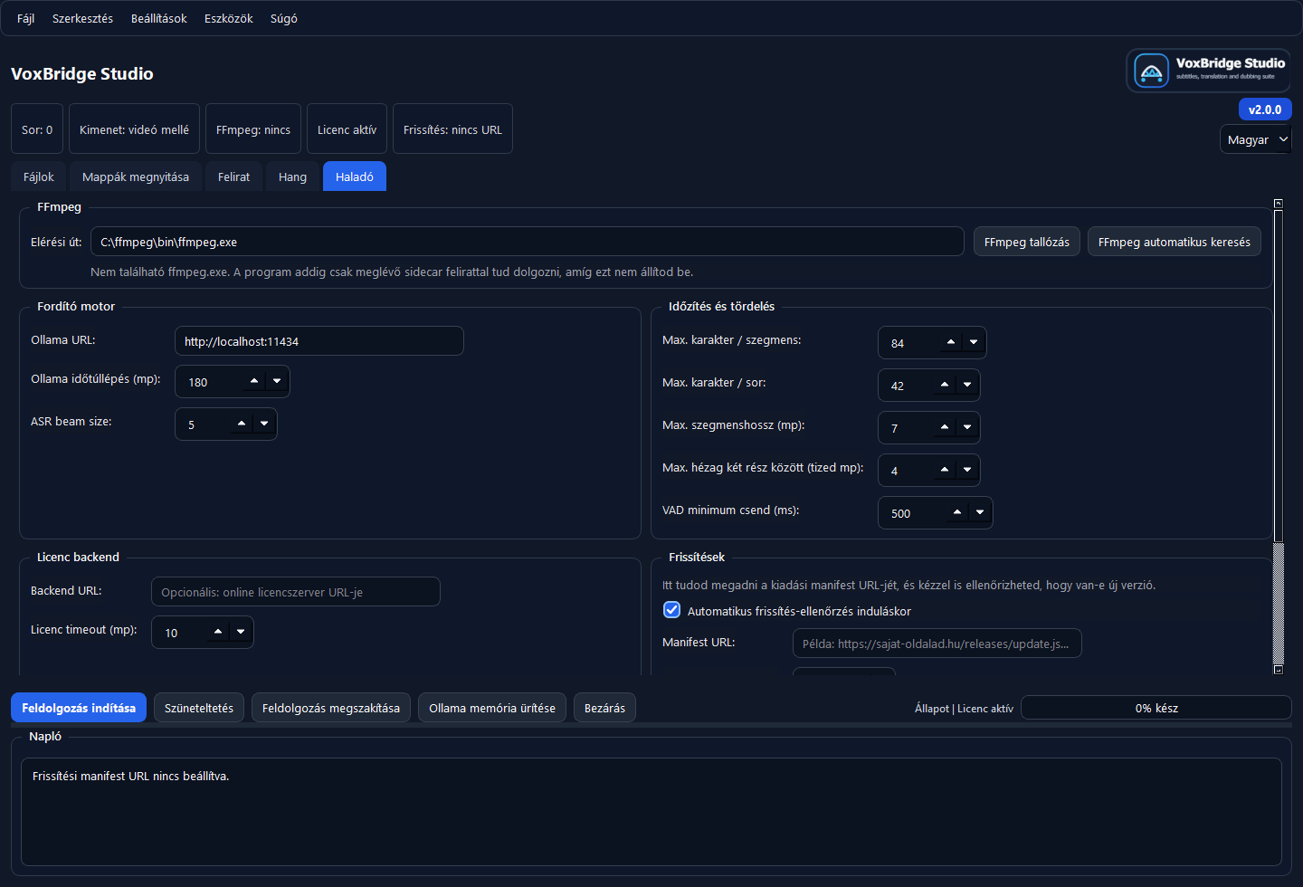 VoxBridge Studio haladó beállítások és diagnosztika