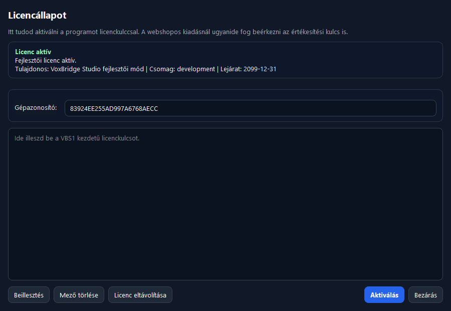 VoxBridge Studio licencaktiválási ablak